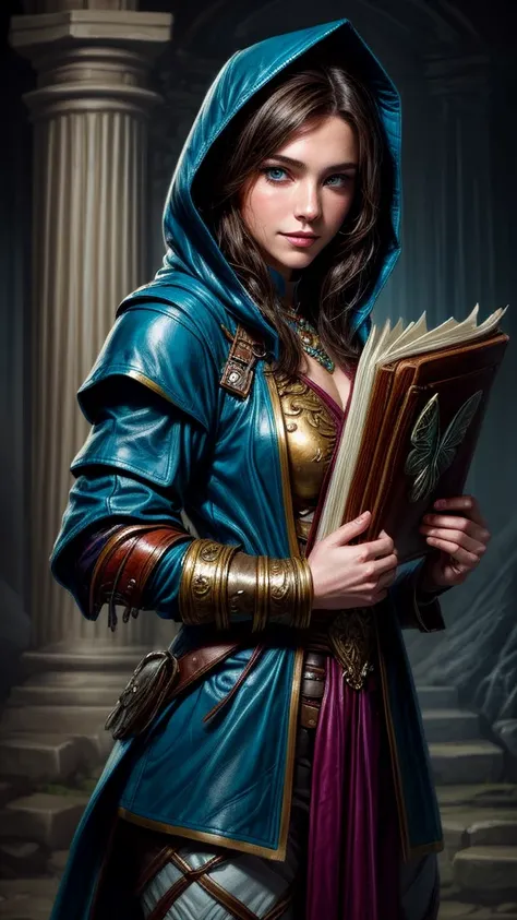 speed painting of portrait of a fantasy female brunette human adventurer, with a dull blue leather hood, in leather armour, in a...