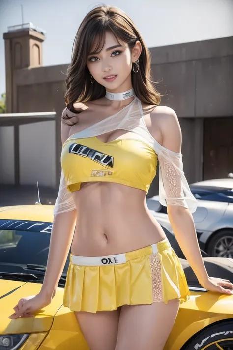 (((one-shoulder mesh girls outfit))),(((dynamic pose))),(((abdominal peek))),(((show lower chest ))),(((yellow and white miniski...