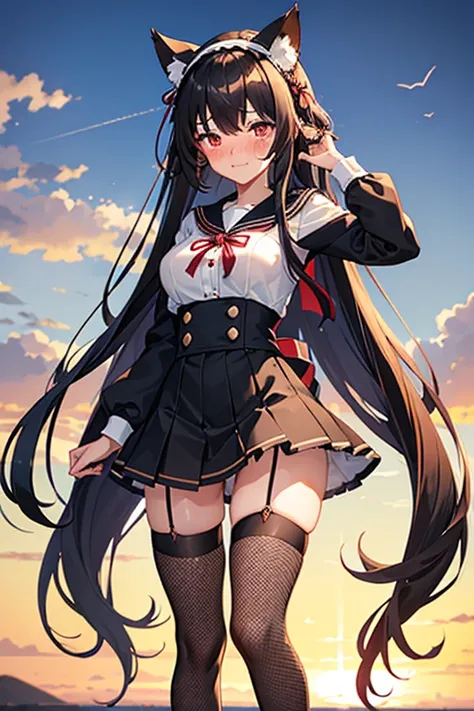 18 yeas old, girl, black hair, long hair, slim, big tits, narrow red eyes, cute, cat ears, (embarrassed,  blush:1.3), smiling, sailor uniform, ,  See-through, ribbon, fishnet, garter belt, frills, Kneesocks, high heels, blue rose, headdress, frontal, stand...