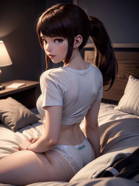 (DVA from Overwatch) without her mech, a woman with short brown hair in a (ponytail),she sits on her bed with her legs spread, high quality refelctions, volumetric lighting, she is wearing a loose short (plain ice white t-shirt), very short sleeves, in her...