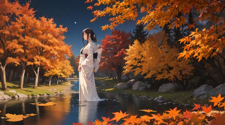 "It depicts an enchanting evening scene depicting a tranquil pond bathed in the hues of fiery autumn foliage.。. The composition is、The maple leaf and the prominent features of the nearby majestic maple tree should be highlighted.。. In the foreground, A Jap...