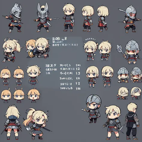 ((((Chibi Character、Character Sheet))))、(((behind、behind姿、Rear view)))、highest quality, Best Quality, ((Full body character concept, Detailed character design))、highest quality, Best Quality,Best illustrations、(((Iron Helmet))),Medieval Armor、Medieval Knig...