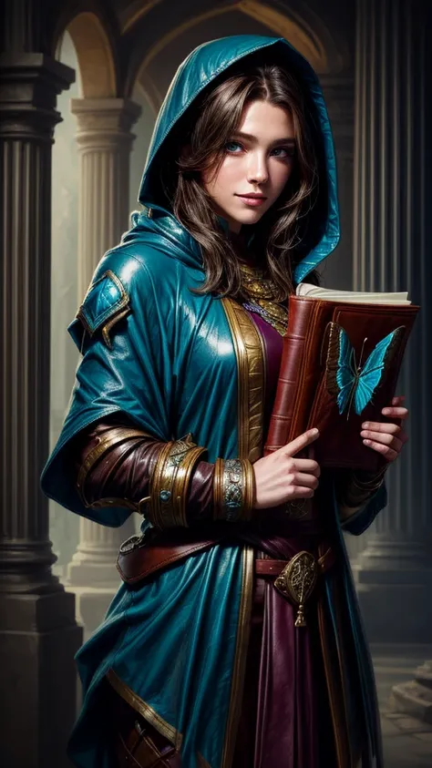 speed painting of portrait of a fantasy female brunette human adventurer, with a dull blue leather hood, in leather armour, in a...