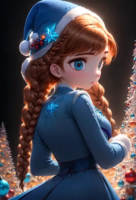 1girl, anna \(frozen\), anna of arendelle, blue christmas dress, blue cap, solo, twin braids, braid, orange hair, upper body, lo...