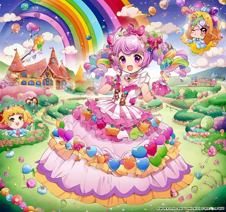 Cartoon girl in a dress and a cherry on the cake, Candy Girl, Decora style illustrations, Cute and detailed digital art, candyland, candyland, Adorable digital painting, Candy Forest, Candy Rush, Background artwork, Official artwork, in a candyland style h...