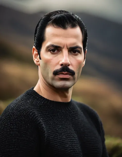 professional photo, closeup portrait photo of 30 yo british [man:Freddie Mercury:0.1], wearing a black sweater, serious face, dramatic lighting, nature, gloomy, cloudy weather, bokeh