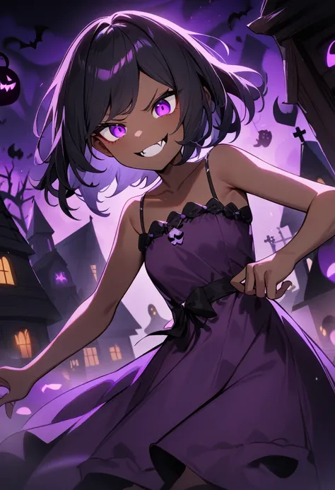 1girl, ghost girl, dark skin, angry smile, fangs,small breasts, floaty hair, short hair, black hair, purple eyes, purple haze, purple ghost dress, haunted house, masterpiece quality, ultra HD, 4K, best quality, 