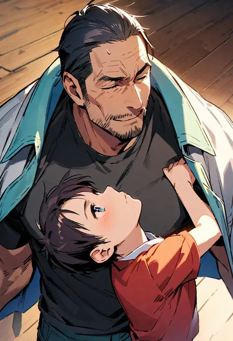 ((Father carrying  on shoulders:1.1))、((Cool Father:1.3)),((muscle))、Upper Body、(tall)masterpiece, highest quality, Illustration of the novel, High resolution,A special day to express gratitude to one&#39;s father、Father&#39;s Day is approaching。Warm Fathe...