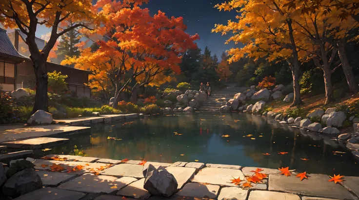 "It depicts an enchanting evening scene depicting a tranquil pond bathed in the hues of fiery autumn foliage.。. The composition is、The maple leaf and the prominent features of the nearby majestic maple tree should be highlighted.。. In the foreground, A Jap...