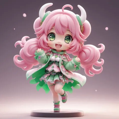 1 girl, green eyes, chibi, open mouth, smile, ahoge, alone, looking at viewer, bangs, :d, teeth, blurred background, full body, blurred, hair ornament, hair between eyes, pink hair long sleeves, wear, standing, only upper teeth