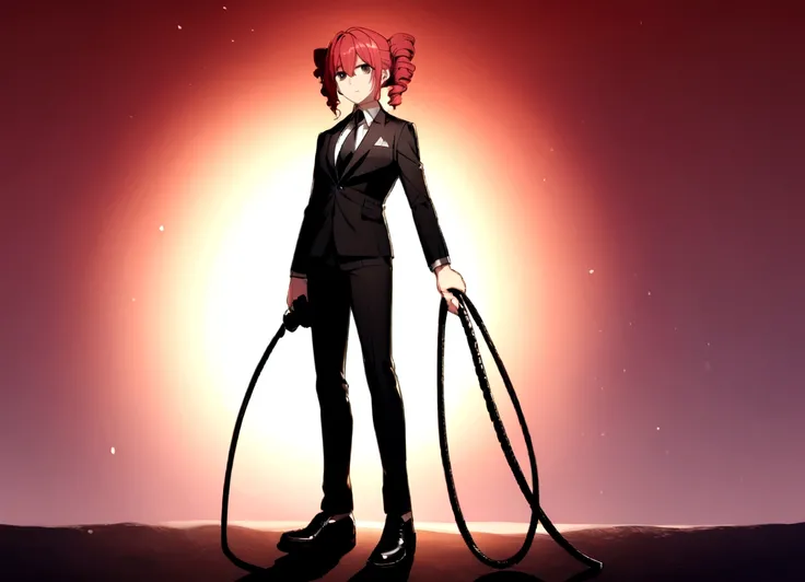 Red hair、Black Suit、Black slacks、Wearing leather shoes、Holding a whip