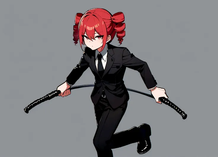 Red hair、Black Suit、Black slacks、Wearing leather shoes、Holding a whip