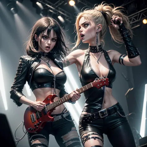 Heavy metal, biker chick with chains and spikes, ferocious expression, powerful female rock star, black leather, dressed in black leather jacket and torn jeans, dark eyeliner and black lipstick, heavy music, fierce woman, standing tall, epic guitar solo, g...