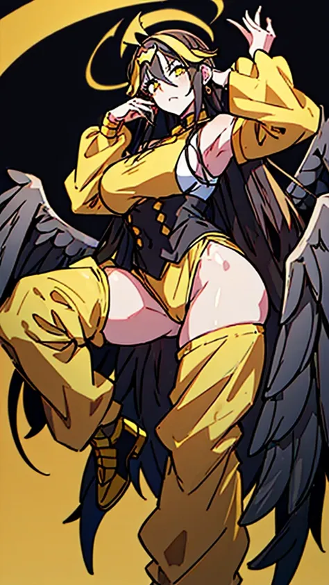 1girl, solo, albedo overlord, white_horns, slit pupils, (demon horns), ((black hair)), (black feathered low wings wings), huge_breasts, (outfit-dio,headband:1.2), diao, headband, yellow jacket, jacket, heart, pointy footwear, pants, jewelry, yellow pants, ...