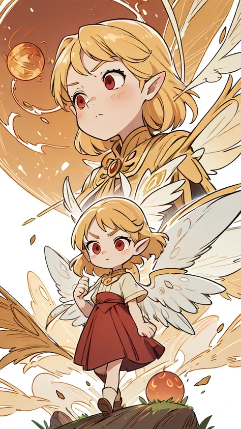 Fairy girl with wings and a fire orb in hand, red ring in finger, Classic Long Dress, Fairy Wings, Red eyes and Blonde Hair, Golden Hair, Serious face, detailed hands, magic, arcane powers, RPG Character, pointy ears, look serious, casting a spell, walking...