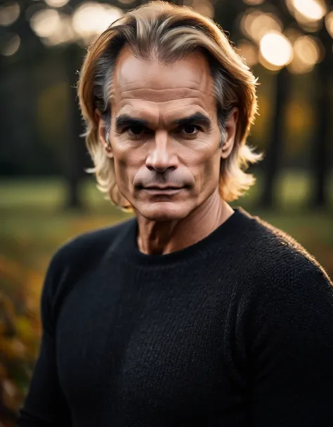 professional photo, closeup portrait photo of 30 yo british [man:David Lee Roth:0.1], wearing a black sweater, serious face, dramatic lighting, nature, gloomy, cloudy weather, bokeh