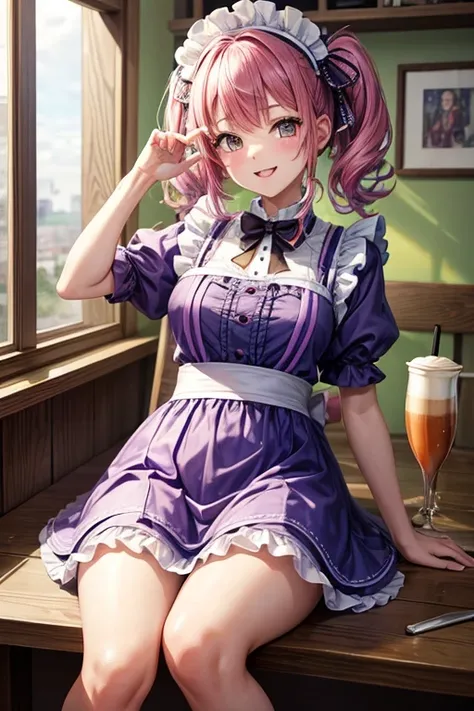 Of the highest quality，high resolution、Tomochika_Dannoura、wearing bright purple maid clothes, cara muy detallada、colas gemelas、boca cerrada、sonrisa, oreja de gato, Coffee shop, obra maestra, Of the highest quality, Fondo de pantalla de 8k muy detallado、Tod...