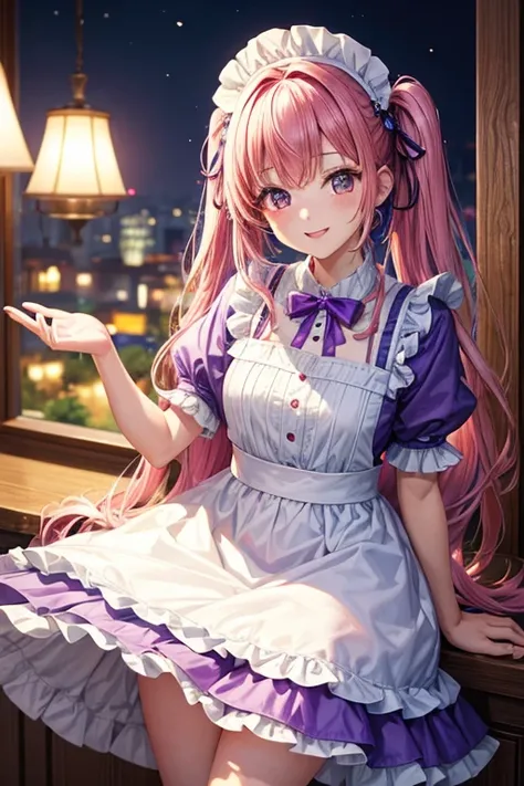 Of the highest quality，high resolution、Tomochika_Dannoura、wearing bright purple maid clothes, cara muy detallada、colas gemelas、boca cerrada、sonrisa, oreja de gato, Coffee shop, obra maestra, Of the highest quality, Fondo de pantalla de 8k muy detallado、Tod...