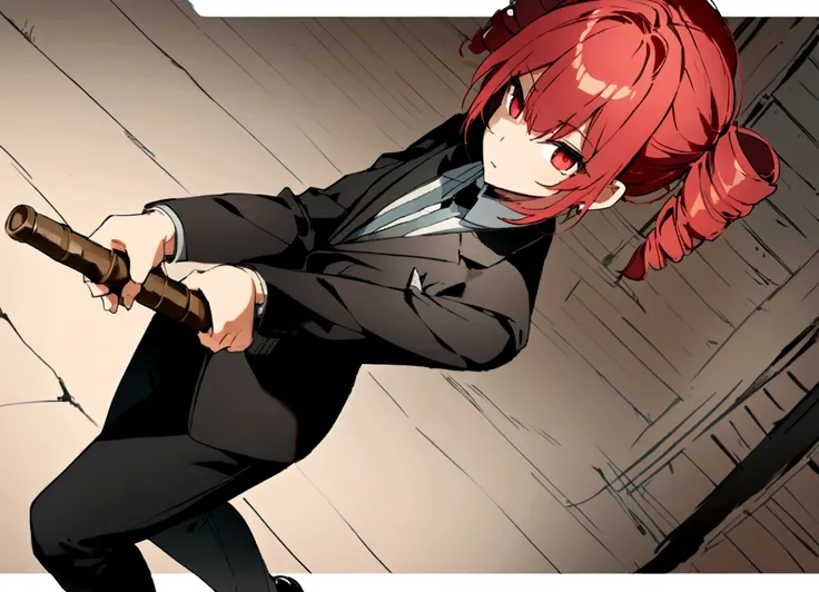 Red hair、Black Suit、Black slacks、Wearing leather shoes、Holding a bamboo sword