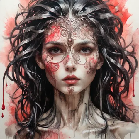 8K, rgb, hdr, pinturas de aceite, acuarelas, colores saturados brillantes, Anna Razumovskaya, Jarek Kubicki, Aleksi Brilo, Darek Zabrotsky, sakimichan, lois, Aminola Rezai, foto CRUDA, negro, dark Rojo, de cerca, Retrato de Medusa, mixed media collage. tex...