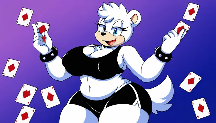 A anthropomorphic polar bear, wearing black swimming shorts, falling surrounded by playing cards with a gradient blue background, has thick thighs, high quality, crisp, 