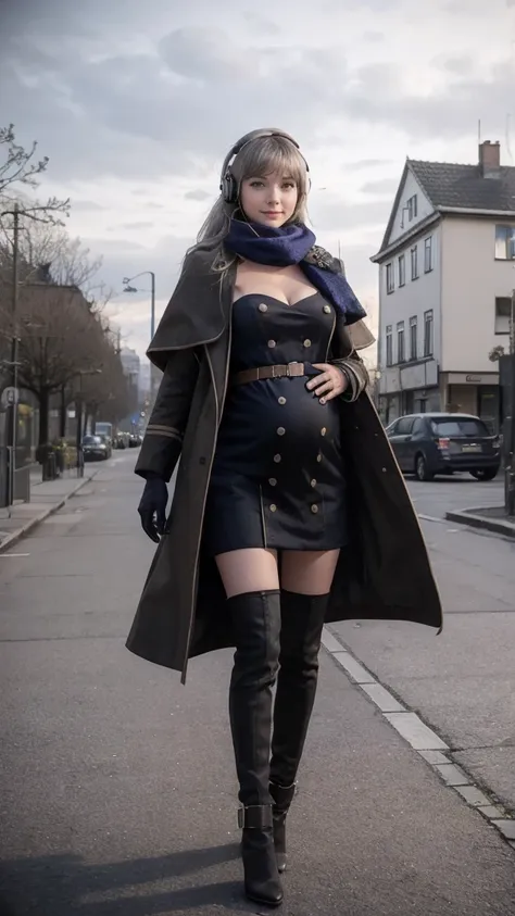 masterpiece, best quality, 1girl, solo, Bkornblume, headphones, solo, blue scarfs, coat, pussy, opened clothing, pregnancy, pregnant, exhibitionism, black dress, black gloves, grey hair, holding gun, black coat dress, long sleeves, gloves, blushing, naked,...