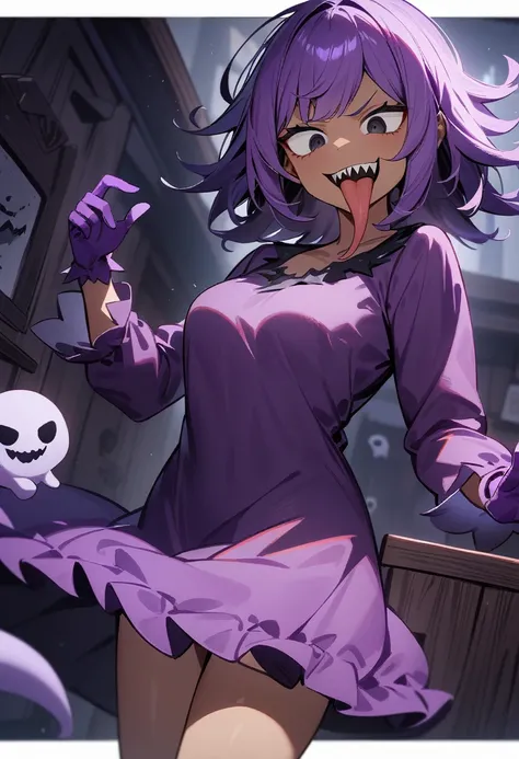 1girl, ghost girl, dark skin, angry smile, sharp teeth, long tongue, tongue out, medium breasts, messy and spiky hair, medium hair, purple hair, black eyes, long sleeves, purple gloves, purple ghost dress, creepy house interior, masterpiece quality, ultra ...