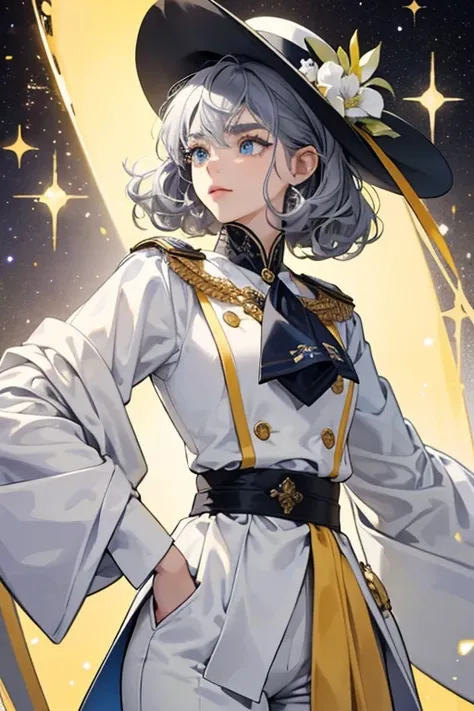 she has resembles an admiral. sHe has white skin, blue eyes, black eyebrows, and curly gray hair. sHe wears a dark gray three-cornered hat with a yellow stripe and a white flower. sHe also wears light yellow pants and a light yellow shirt over a light blue...