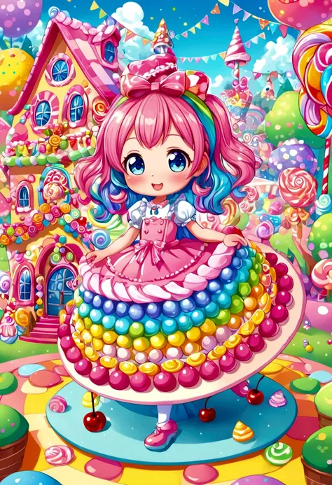 Cartoon girl in a dress and a cherry on the cake, Candyガール,, Cute and detailed digital art, candyland, candyland, Adorable digital painting, Candy Forest, Candy Rush, Background artwork, Official artwork, in a candyland style house, Cute Decora Rainbow Cor...