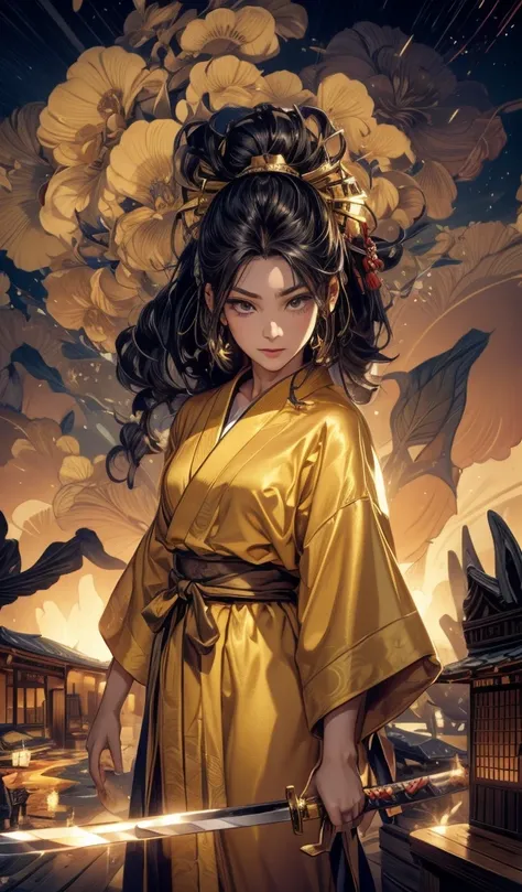 Japanese sword in right hand、All-gold kimono、The kimono has a shiny blue floral pattern..、Gorgeous golden kimono、The kimono is thigh-length、the face remains the same、The blade of the Japanese sword shines brightly.、Sengoku period、Blue flower hair ornament、...