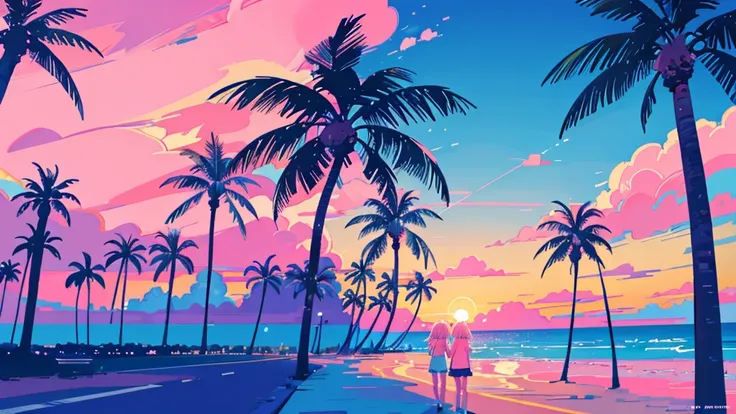 Seaside, Pink Sky, Palm tree, Blue Classic Car, Blue and pink neon,Lo-fi illustration, anime art wallpaper 4k, anime art wallpaper 4k,One Girl,