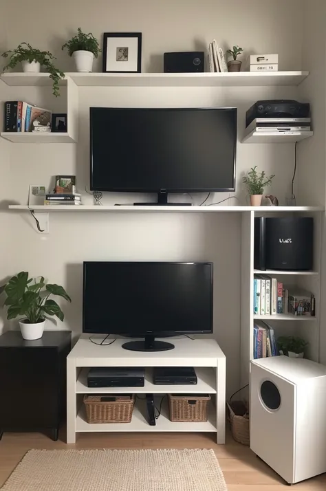 estou mobiliando meu quarto, draw a picture of what it would look like according to my following ideas, uma mesa de canto com uma tv um monitor e um Pc, uma cadeira gamer, uma guitarra na parede, Above the TV panel, place a shelf with some decorations, abo...