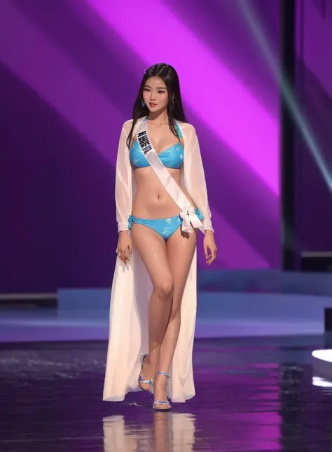 una mujer en bikini y una bata blanca camina por una pasarela, Miss Universo, reina del mar mu yanling, bikini model, mei-ling zhou, is wearing a swimsuit, swimsuit, wearing two - piece swimsuit, gemma chen, xianxia de cuerpo completo, cindy avelino, Mai A...