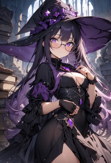 (masterpiece:1.2),(best quality:1.2),(masterpiece, best quality, ultra-high resolution), (1girl), Long, straight, deep violet hair, adorned with a ribbon of stars, large, bright amethyst eyes, witchs outfit with a short, tight black dress, round otaku-styl...