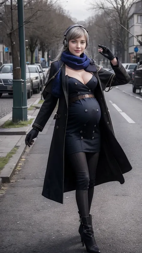 masterpiece, best quality, 1girl, solo, Bkornblume, headphones, solo, blue scarfs, coat, pussy, opened clothing, pregnancy, pregnant, exhibitionism, black dress, black gloves, grey hair, holding gun, black coat dress, long sleeves, gloves, blushing, naked,...