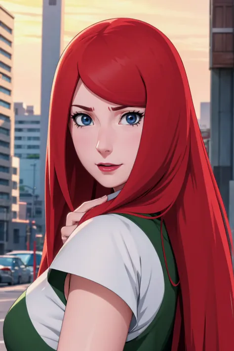 a close up of a person with long hair and a green and white dress, uzumaki kushina, uzumaku kusgiba from anime naruto shippuden,...