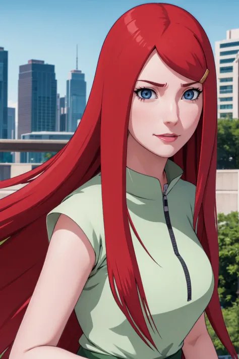 a close up of a person with long hair and a green and white dress, uzumaki kushina, uzumaku kusgiba from anime naruto shippuden,...