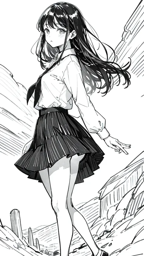 One Girl,Line art,Monochrome,sketch,鉛Pen画,Pen,Traditional Media,One Girl, skirt,,skirt, alone、Cute Teenage Girl, ,Beautiful portrait、Delicate body、Esbian all over、Black Hair、Black Hair,landscape