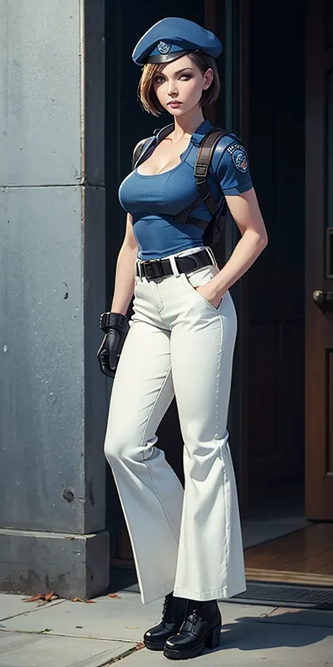 jill valentine, masterpiece, best quality, 1girl, solo, standing, jillre1, beret, uniform, shoulder pads, short sleeves, harness...