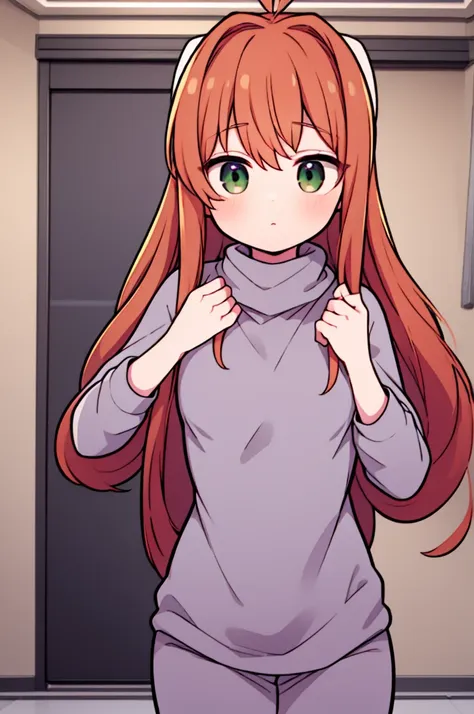 monika, t posing, wearing virgin killer sweater and nothing else, hair down