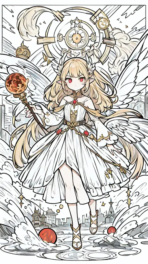 Fairy girl with wings and a fire orb in hand, red ring in finger, Classic Long Dress, Fairy Wings, Red eyes and Blonde Hair, Golden Hair, Serious face, detailed hands, magic, arcane powers, RPG Character, pointy ears, look serious, casting a spell, walking...