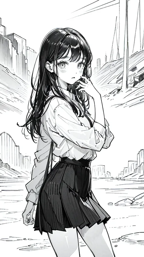 One Girl,Line art,Monochrome,sketch,鉛Pen画,Pen,Traditional Media,One Girl, skirt,,skirt, alone、Cute Teenage Girl, ,Beautiful portrait、Delicate body、Esbian all over、Black Hair、Black Hair,landscape