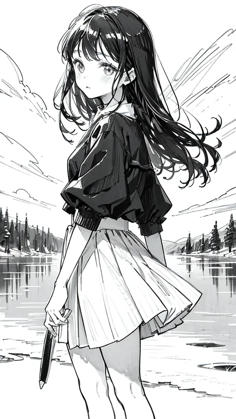 One Girl,Line art,Monochrome,sketch,鉛Pen画,Pen,Traditional Media,One Girl, skirt,,skirt, alone、Cute Teenage Girl, ,Beautiful portrait、Delicate body、Esbian all over、Black Hair、Black Hair,landscape