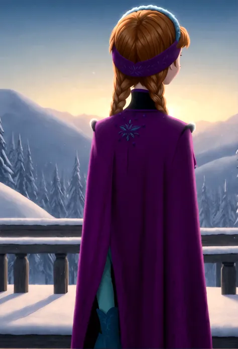 1girl, anna \(frozen\), anna of arendelle, twin braids, purple headband, long sleeved blue dress with black bodice, purple cloak...