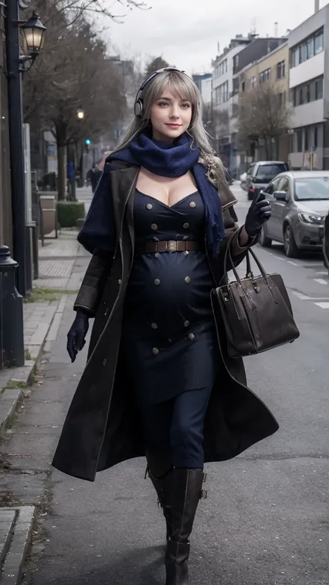 masterpiece, best quality, 1girl,  HD, 4K, REALISM, solo, Bkornblume, headphones, solo, blue scarfs, coat, pussy, opened clothing, pregnancy, pregnant, exhibitionism, black dress, black gloves, grey hair, holding gun, black coat dress, long sleeves, gloves...