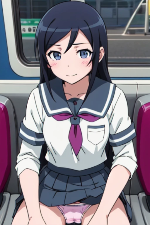 alone, One girl, View Viewer, 2D, anime, anime coloring, Upper Body,  sit in a train seat, (Bend your knees, Panty shot), Camel Toe, ayase aragaki, , serafuku, smile，Spread your legs， (((Skirt flip, I can see your panties)))，，(((Skirt flip, I can see your ...