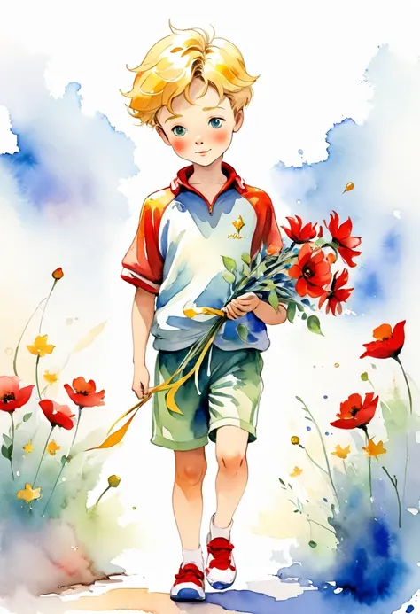 The Little Prince holding red flowers, Correndo, sapatos esportivos, shorts esportivos, camiseta o esporte, estilo aquarela, The little prince, inspired by Antoine de Saint-Exupéry, watercolor style, vibrant colors