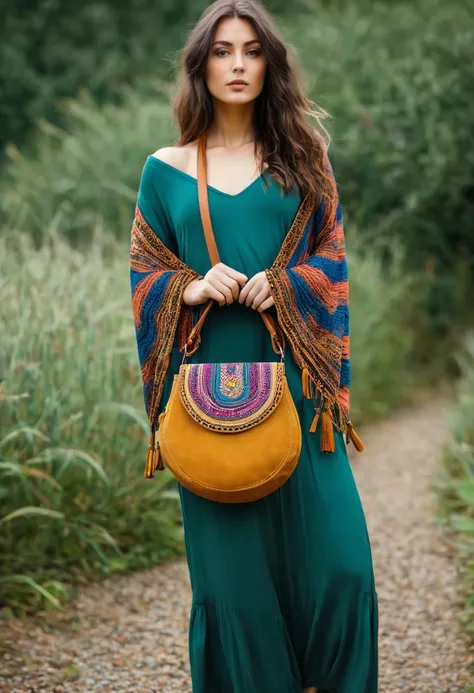 Beautiful attractive woman , boho bag