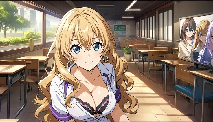 (best quality:1.5, highres, UHD, 4K, detailed lighting, shaders), blonde wavy hair, gyaru, large breasts, short sleeve , cleavage, unbuttoned shirt, bra, sexy, skirt, (pov, close shot), earrings, smiling, standing, classroom background (masterpiece, best q...