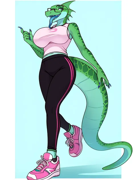 alone, woman, scaly, Lots of black spots、scale、Green Eyes, Lizard, Reptiles、teeth、Long Tongue、Blue Tongue、Green skin, Fine hand、Long nails、Glasses、 Her large breasts are visible through her clothes、Pink training wear、tights、sneakers、slender、Active